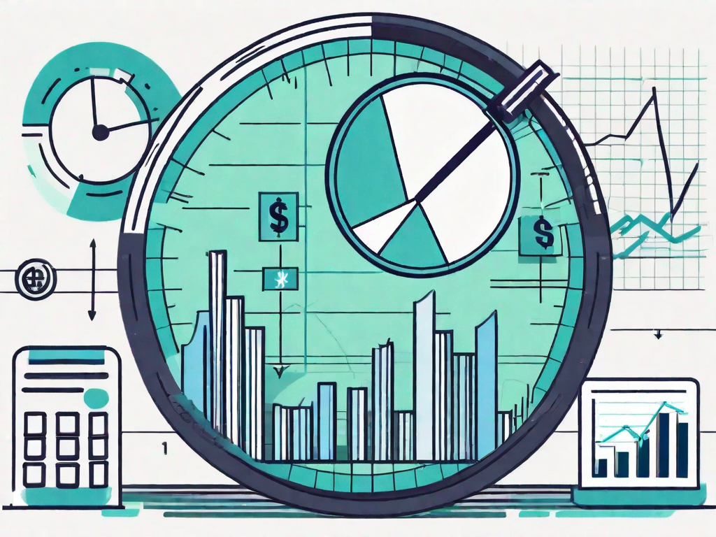 A magnifying glass hovering over a pie chart and bar graph