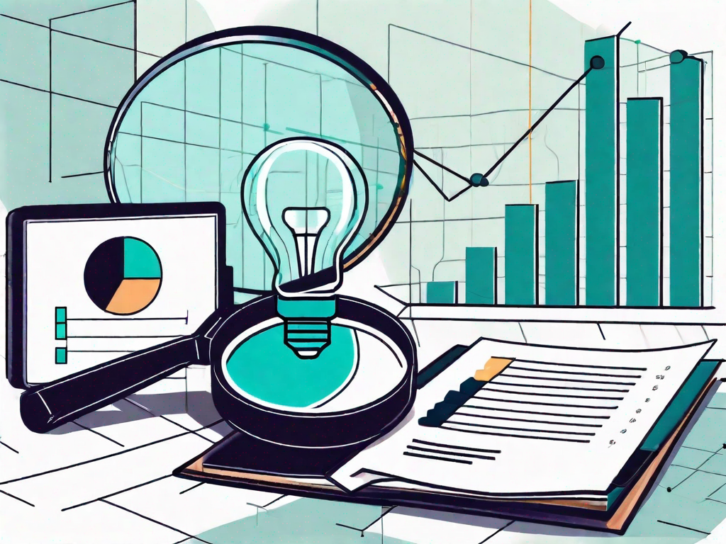 A magnifying glass hovering over a pie chart and bar graph