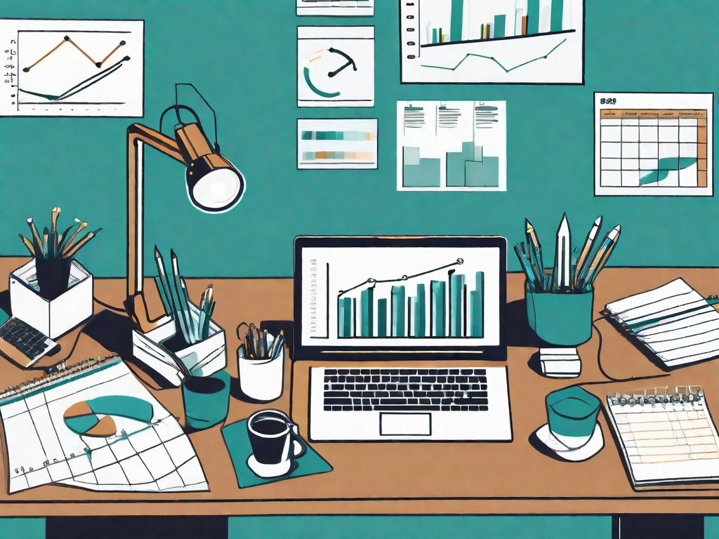 A modern office desk setup with various business analysis tools such as charts