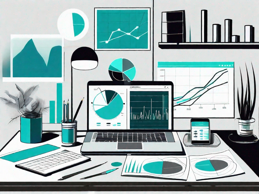 A freelancer's workspace with various analytical tools such as charts