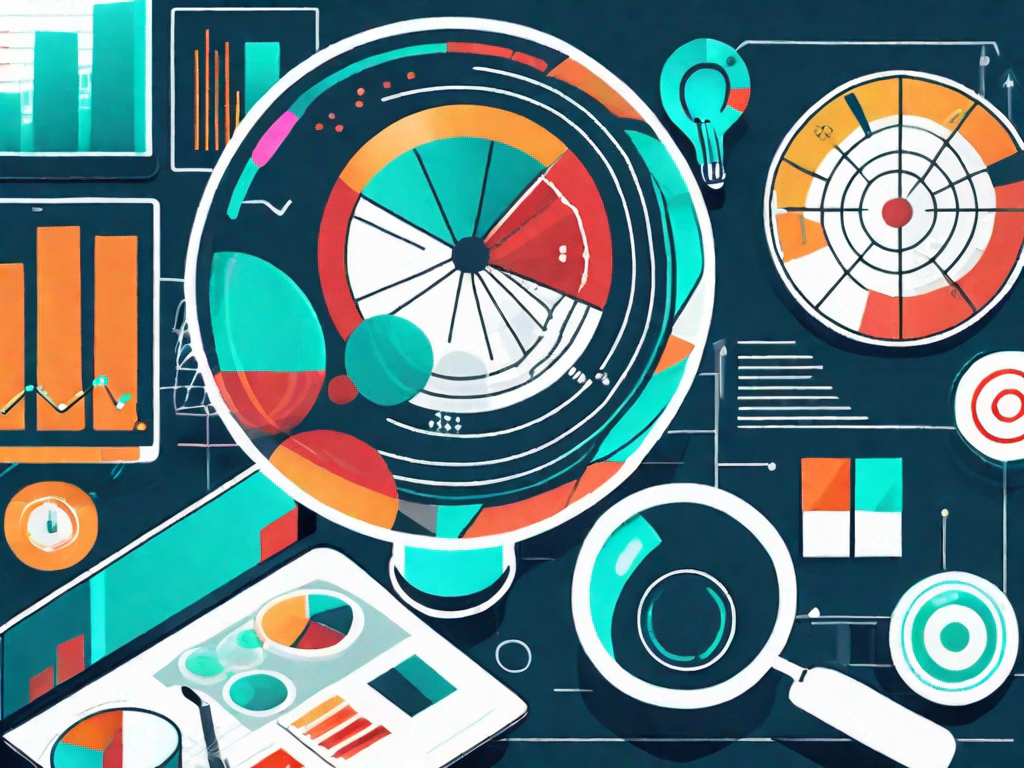 A magnifying glass hovering over a vibrant market scene filled with symbolic icons of data charts