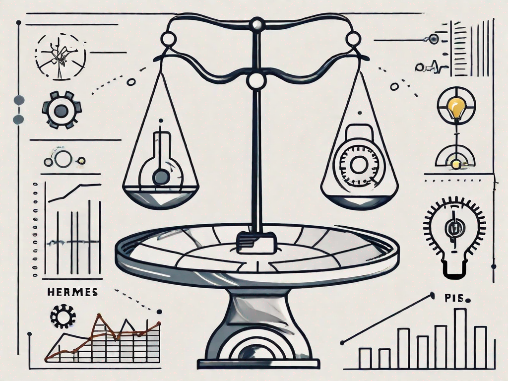 A balanced scale with various business symbols like a graph