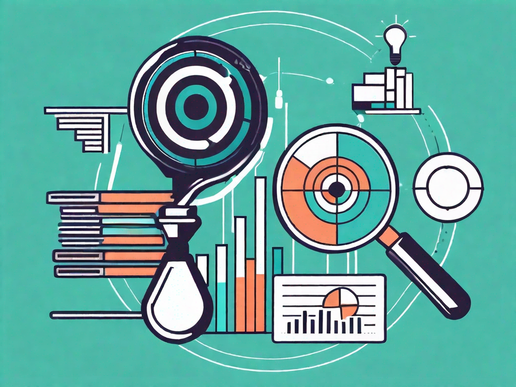 A magnifying glass hovering over a pie chart and bar graph