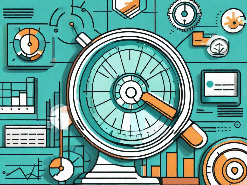 A magnifying glass hovering over a pie chart and bar graphs representing sales data