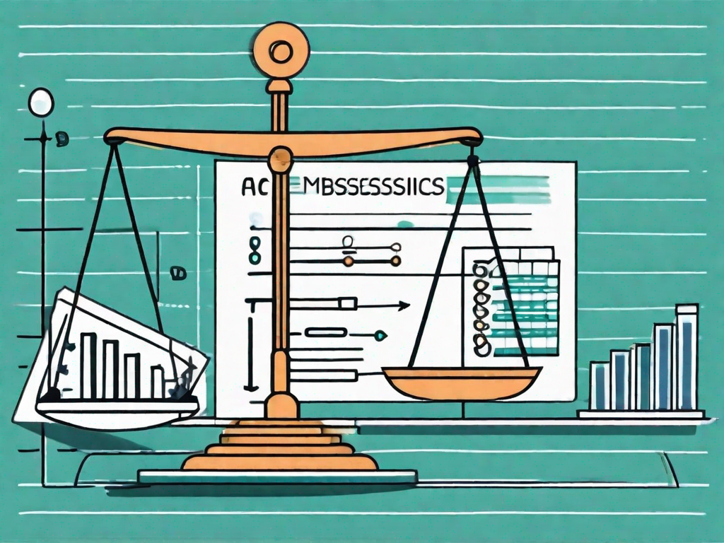 A balance scale with one side weighted by symbols of business tools (like a bar graph