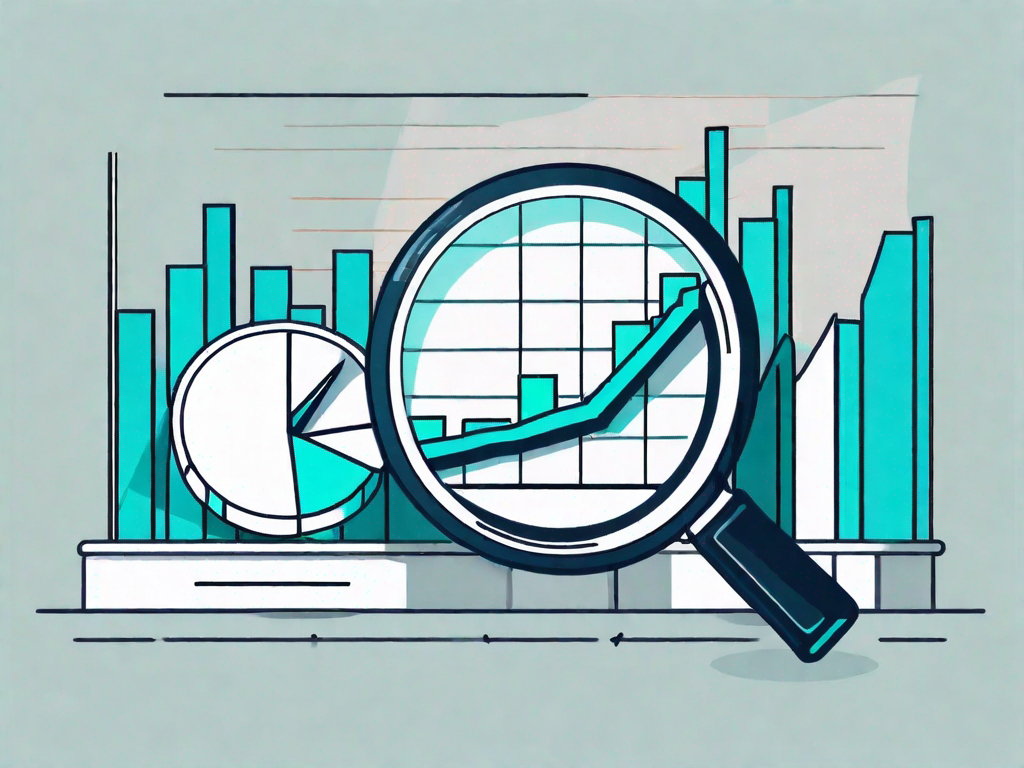 A magnifying glass hovering over a pie chart and a bar graph