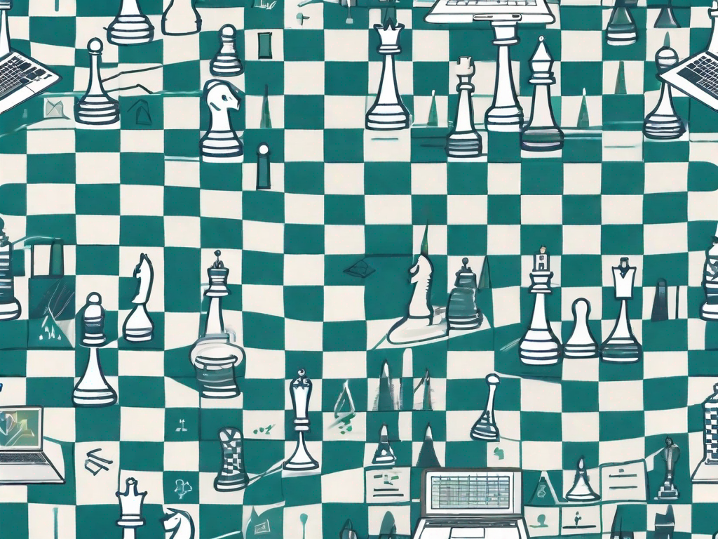 A chessboard with various business-related icons as chess pieces