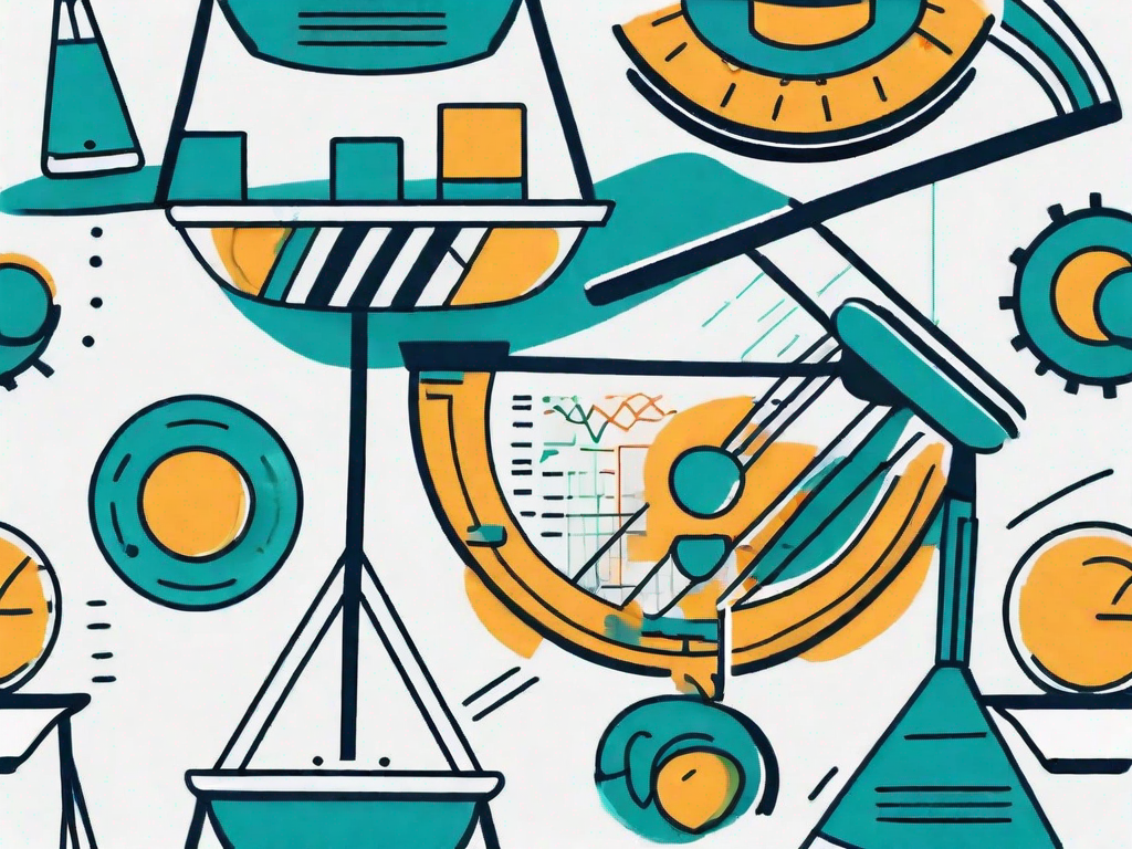 A balanced scale with different business-related icons such as graphs