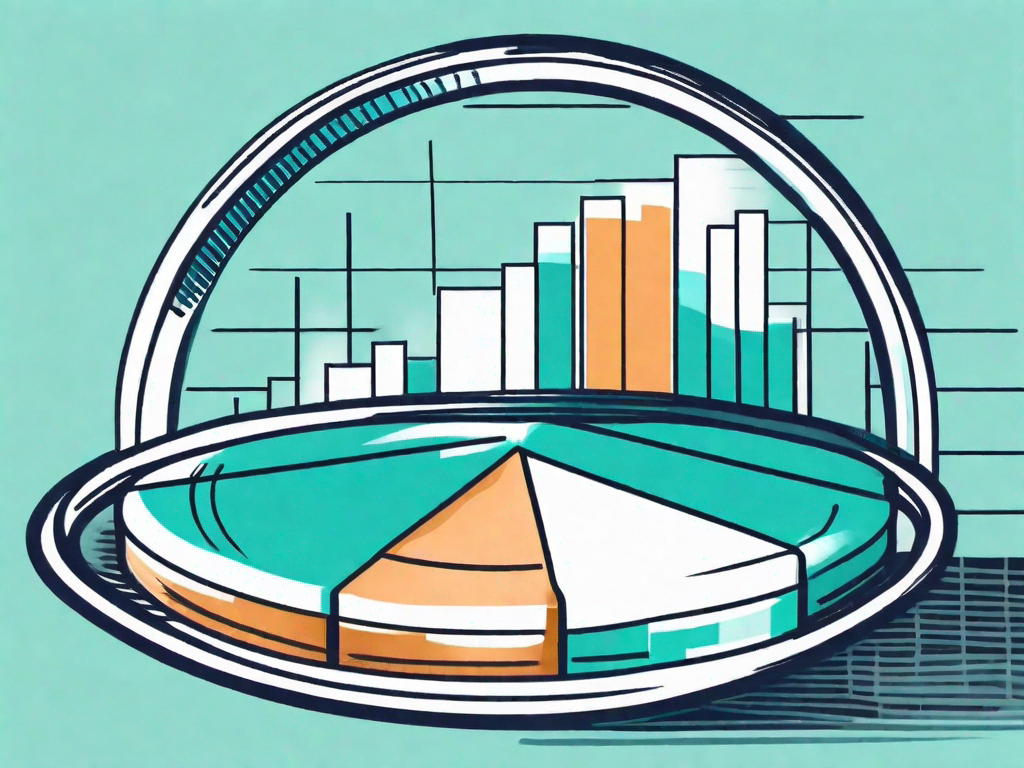 A magnifying glass hovering over a pie chart and a bar graph