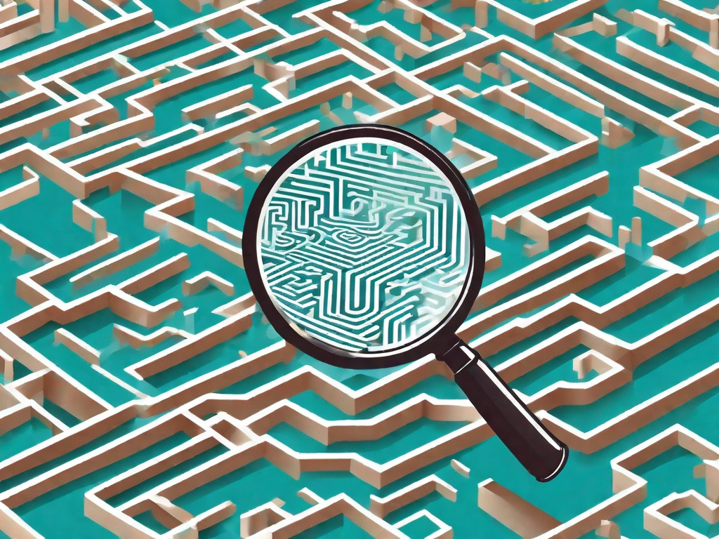 A magnifying glass hovering over a complex maze