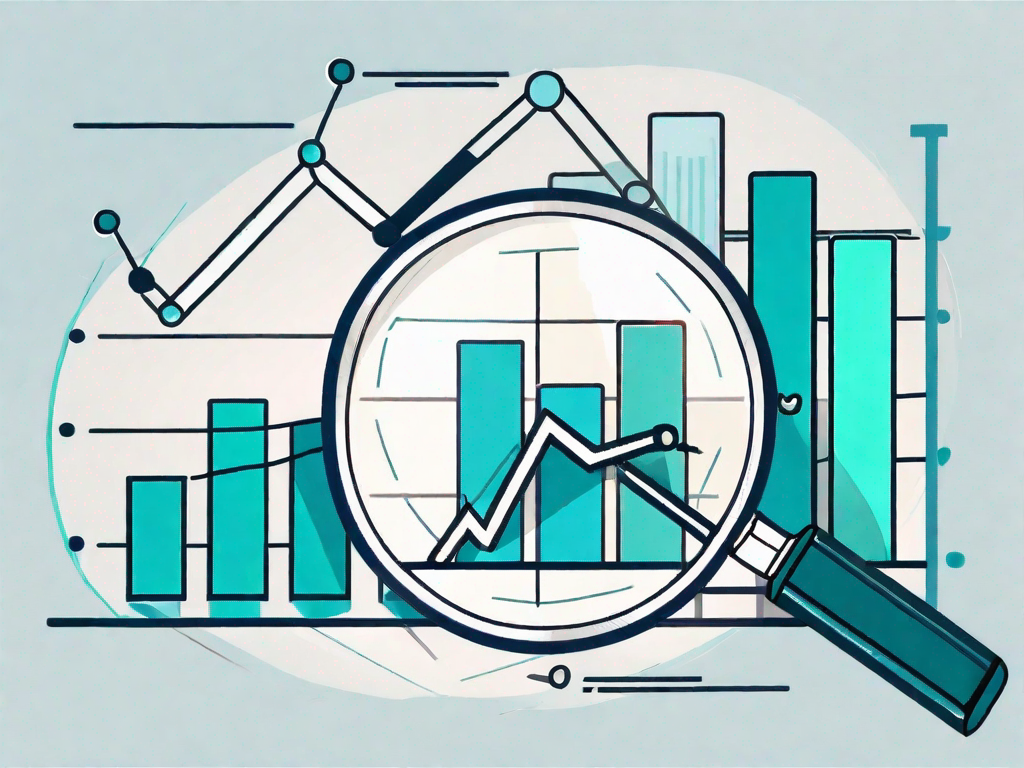 A magnifying glass hovering over a bar graph and pie chart to symbolize the detailed scrutiny in benchmarking and market analysis