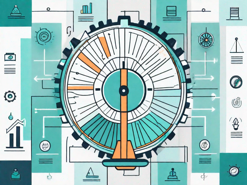 A balanced scale with different business-related icons such as a pie chart