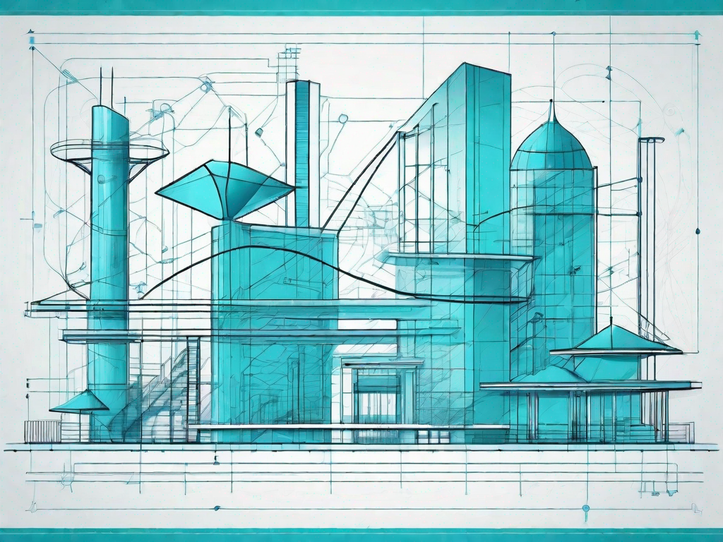 A blueprint featuring various interconnected architectural structures