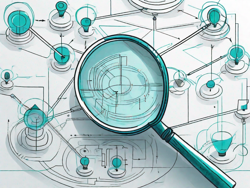 A magnifying glass hovering over a complex flowchart