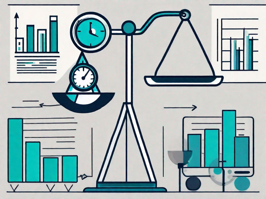 A balanced scale with business-related icons such as graphs