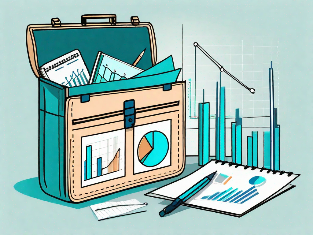 A briefcase opening to reveal various analytical tools such as charts