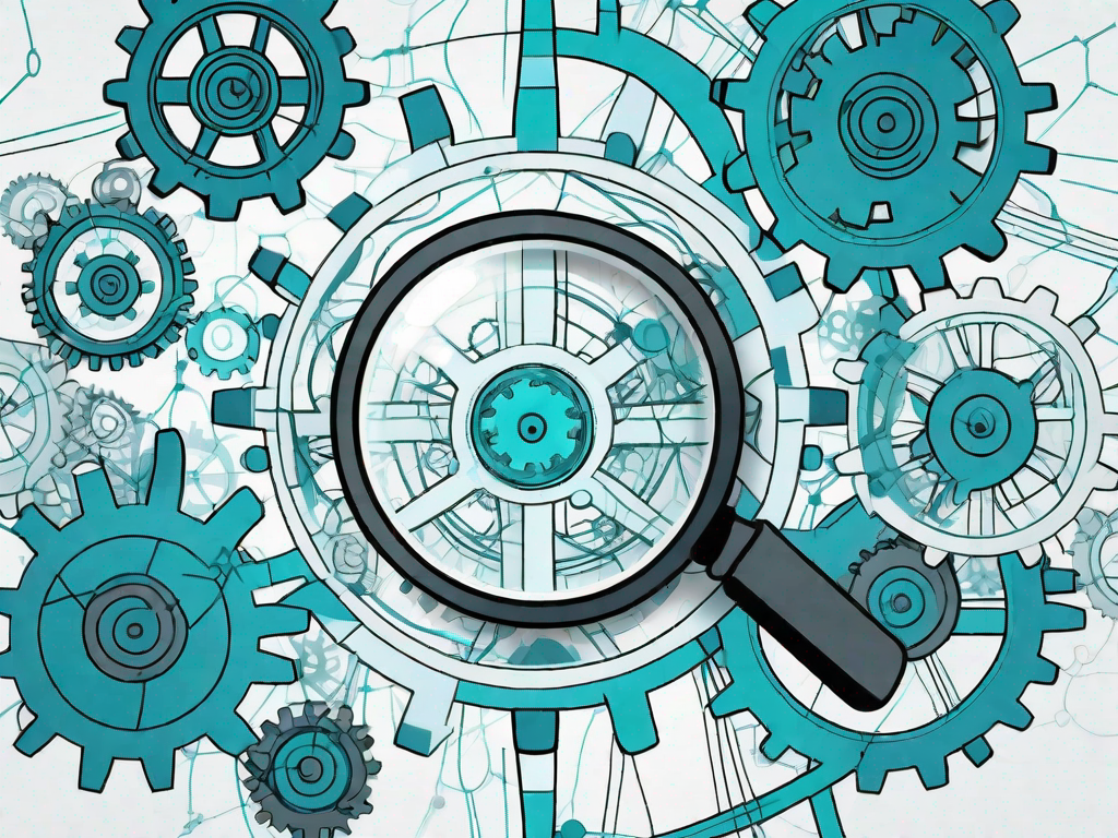 A magnifying glass focusing on a complex network of interconnected gears