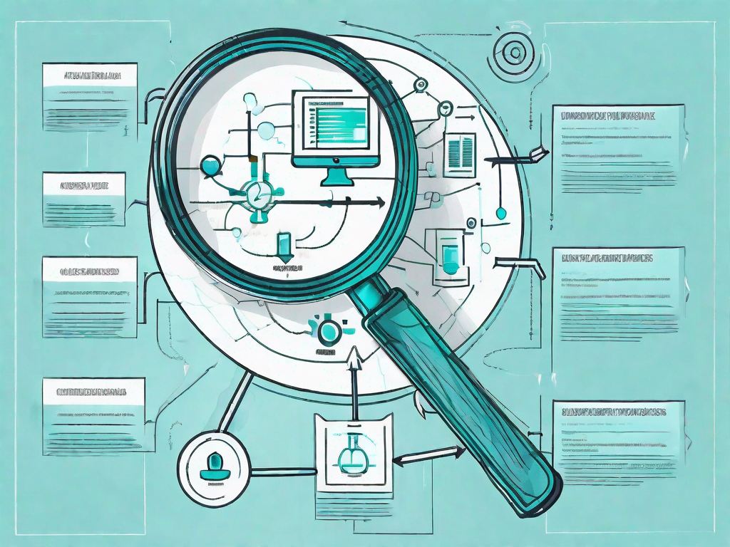 A magnifying glass hovering over a complex flowchart representing a business process