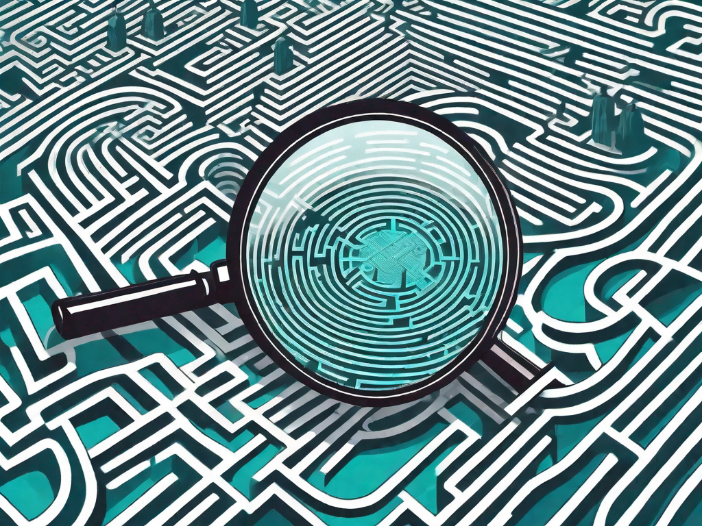 A magnifying glass hovering over a complex maze