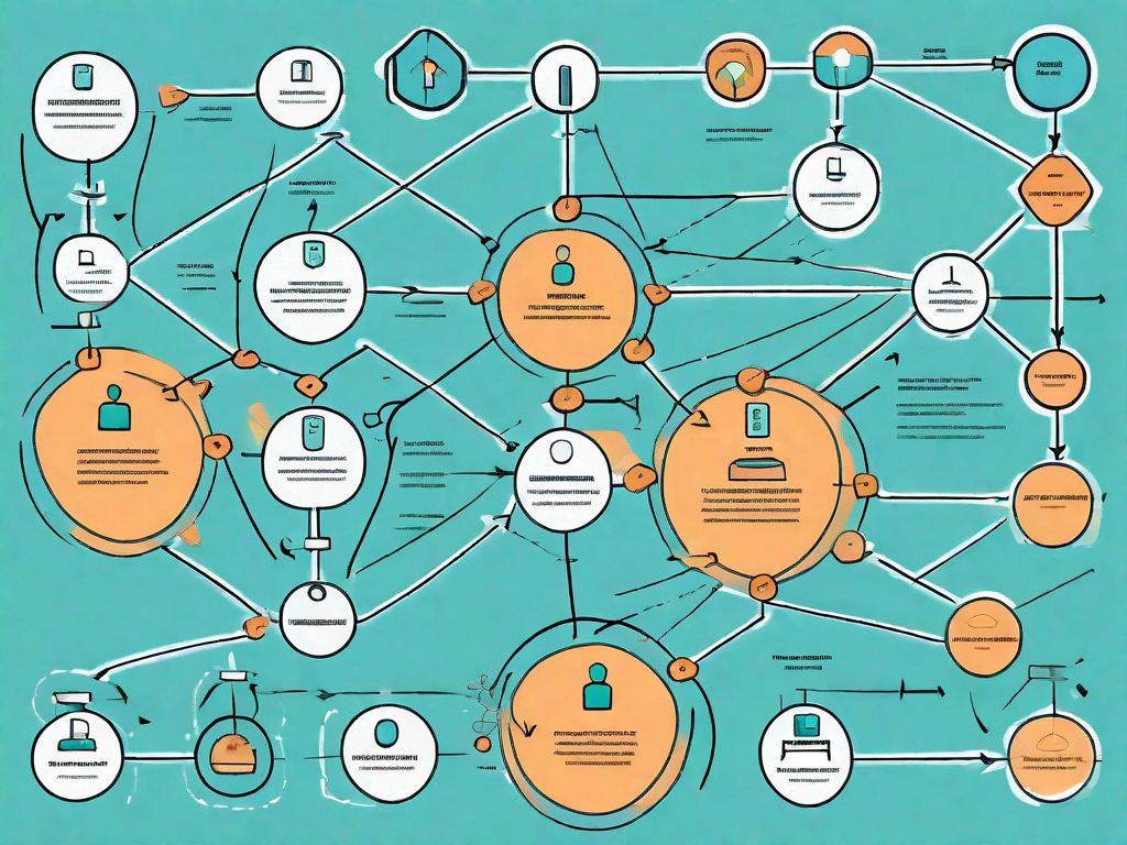 A complex flowchart with various interconnected shapes and symbols