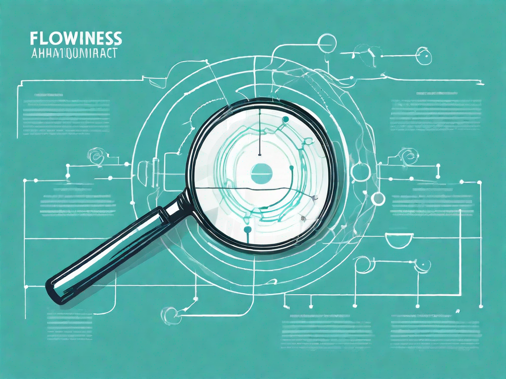 A magnifying glass focusing on a complex flowchart symbolizing business requirements and analysis