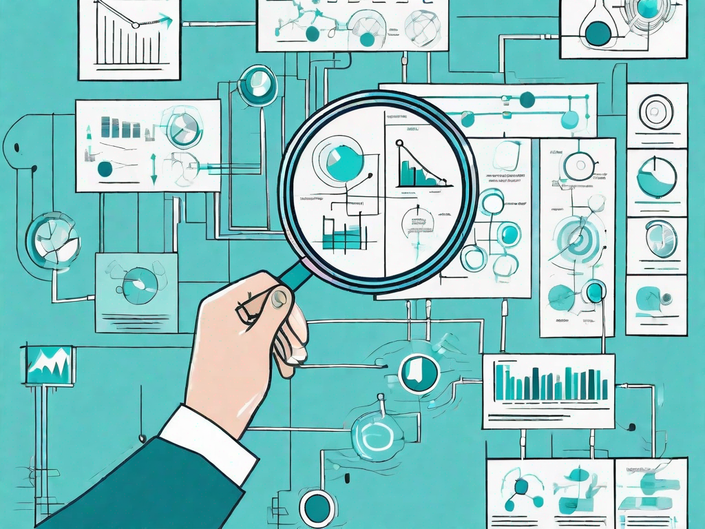 A magnifying glass hovering over a complex flowchart representing business rules and analysis