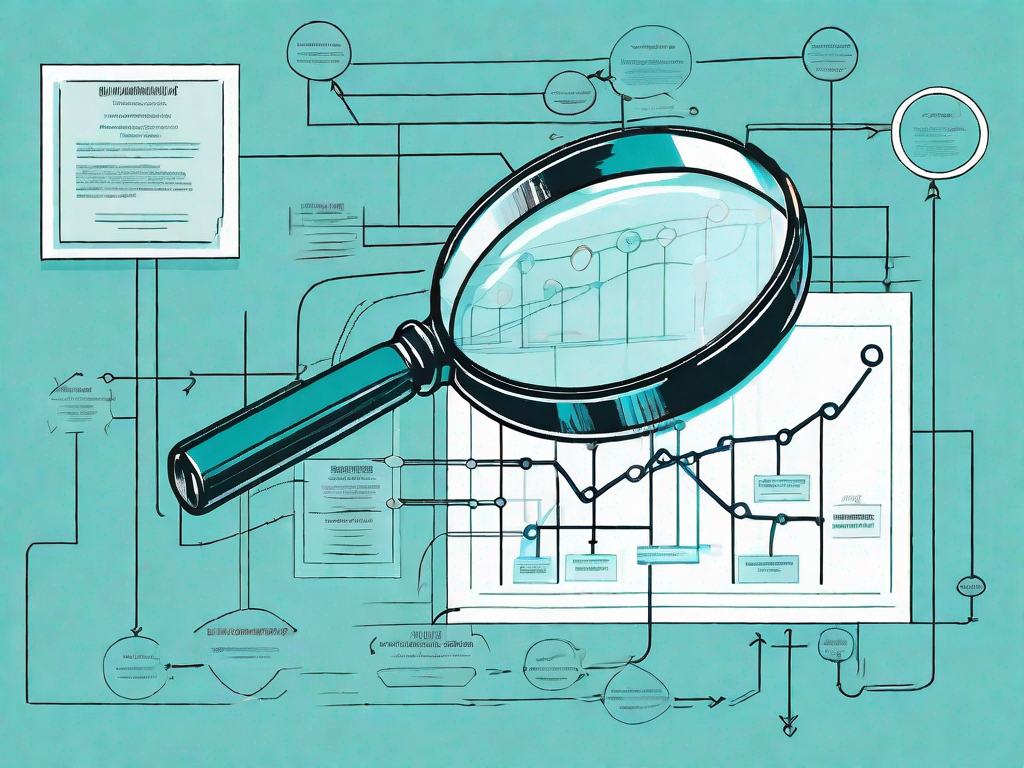 A magnifying glass hovering over a complex flowchart or diagram