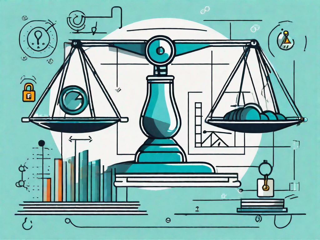 A balanced scale with various business-related icons such as graphs