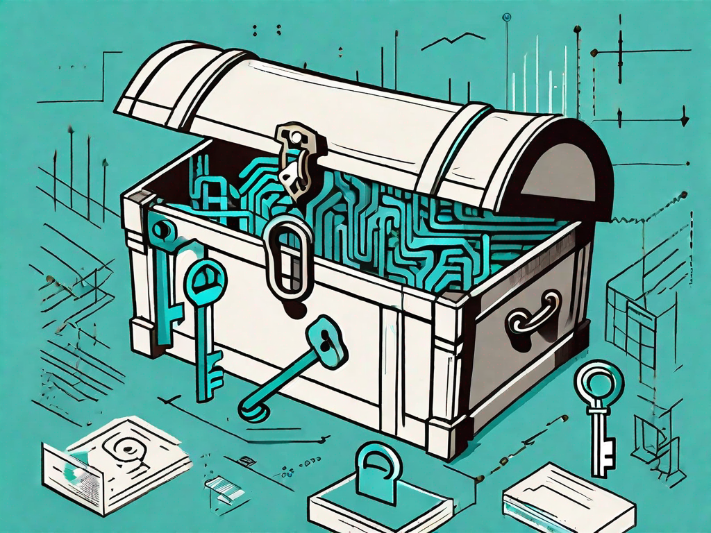 A large key unlocking a treasure chest overflowing with symbolic representations of data like charts