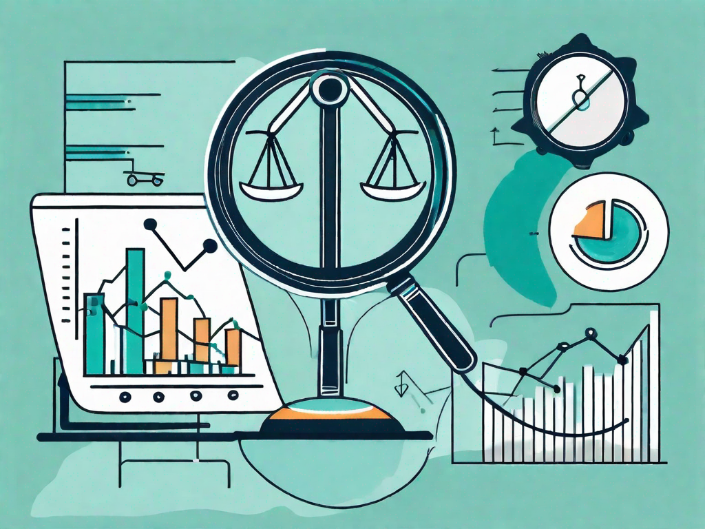 A balanced scale with various business-related icons such as graphs