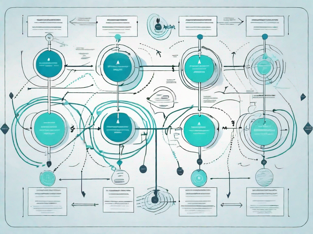 A complex flowchart with various paths and endpoints