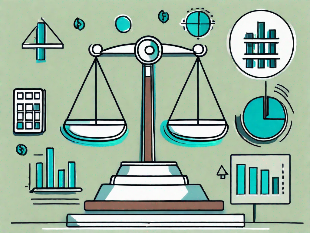 A balanced scale with various business-related icons such as graphs