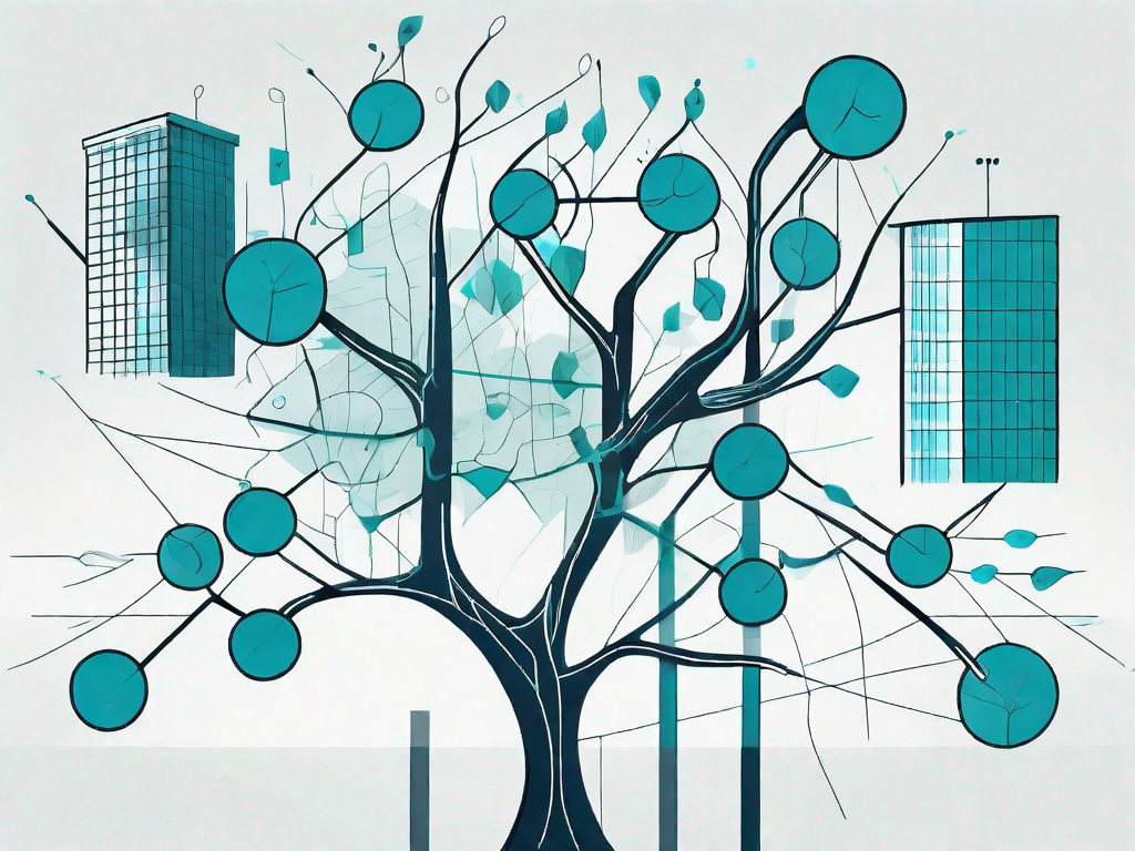 A stylized decision tree with various branches representing different business outcomes