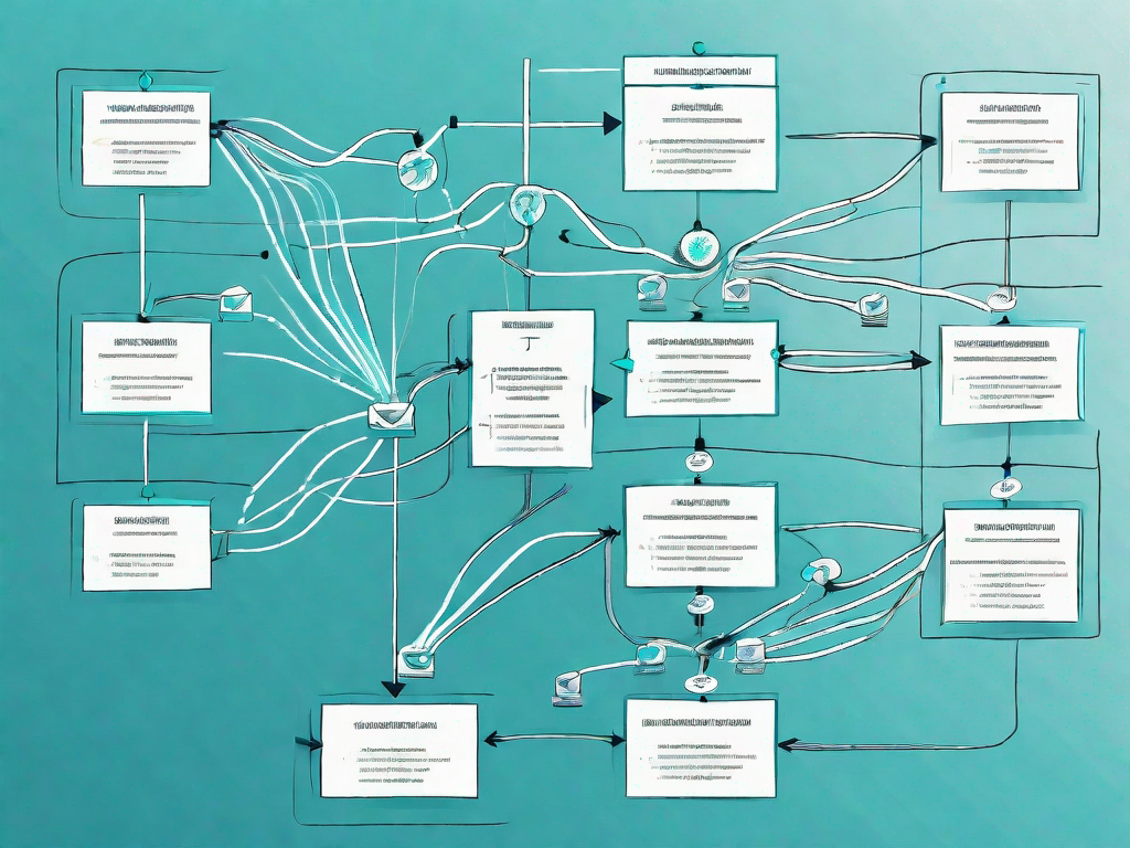 A complex flowchart with various branching paths