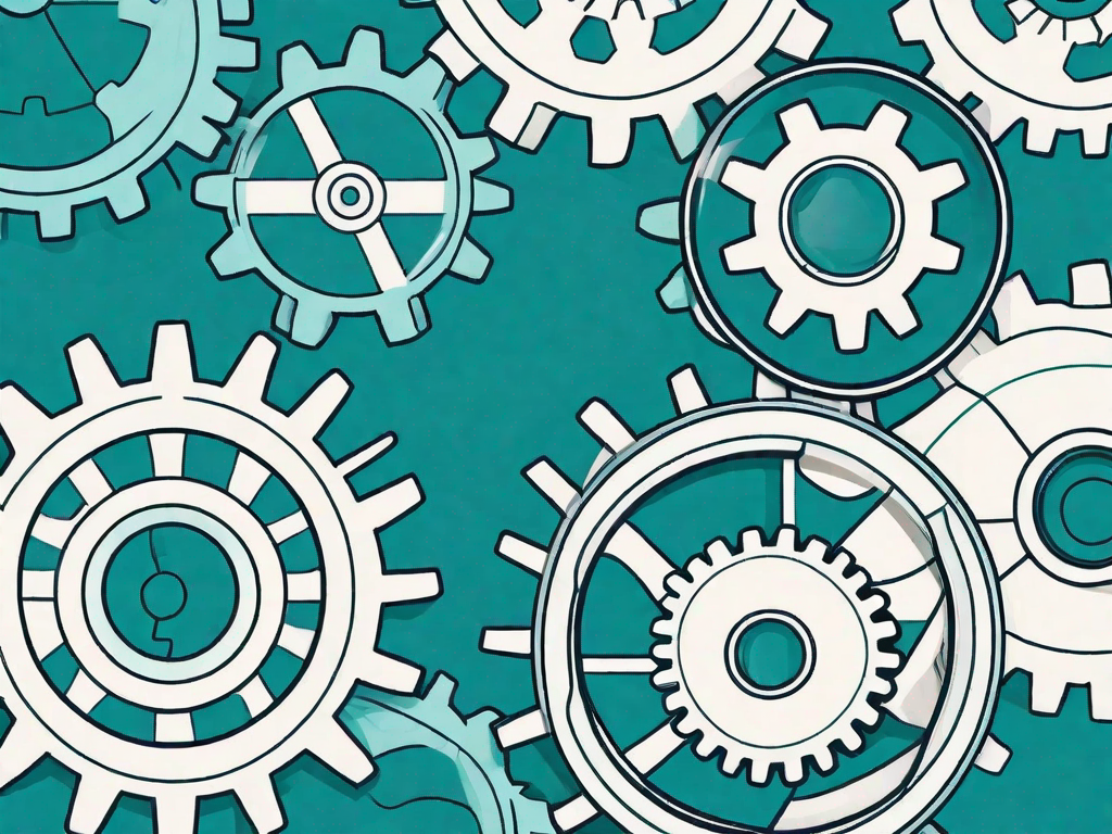 A magnifying glass focusing on a series of interconnected gears