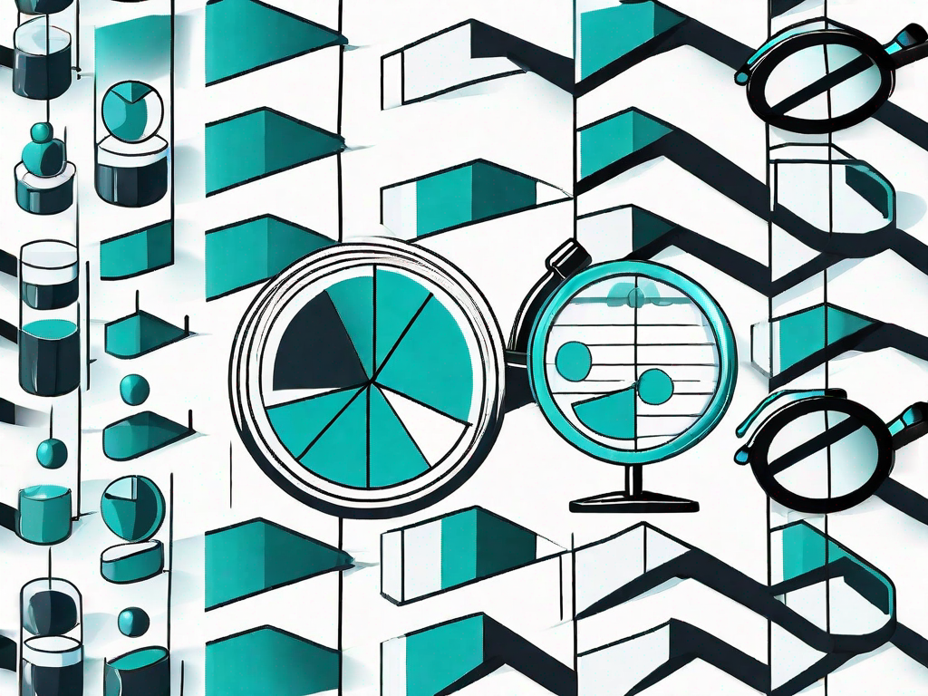 A set of different sized magnifying glasses hovering over a bar graph and pie chart to signify detailed analysis and estimation in business