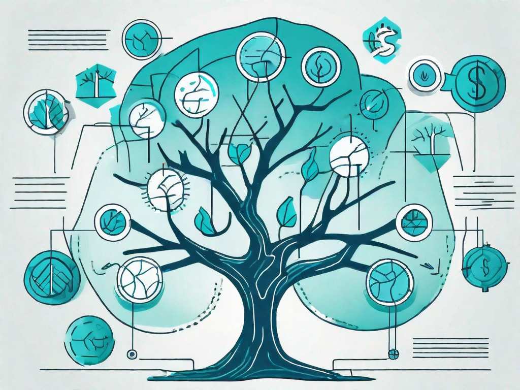 A decision tree with various business-related icons such as graphs