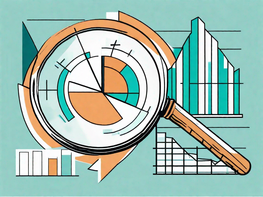 A magnifying glass hovering over a pie chart and a bar graph