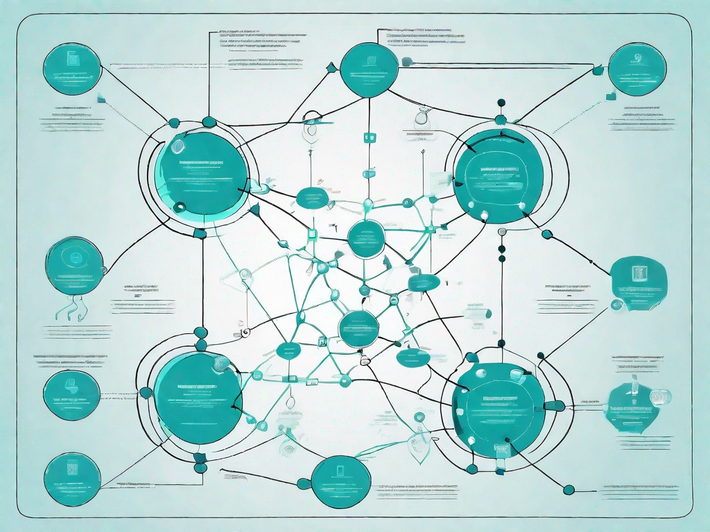 A complex data flow diagram with various interconnected nodes and pathways