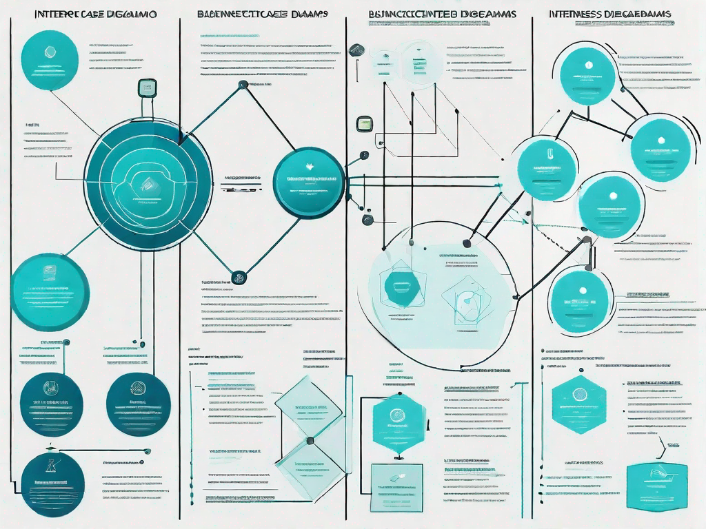 A variety of interconnected use case diagrams showcasing different business processes and interactions