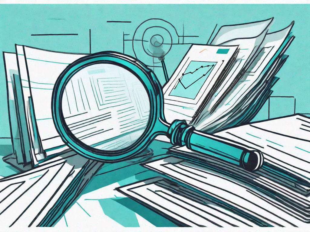 A magnifying glass hovering over a pile of documents and charts