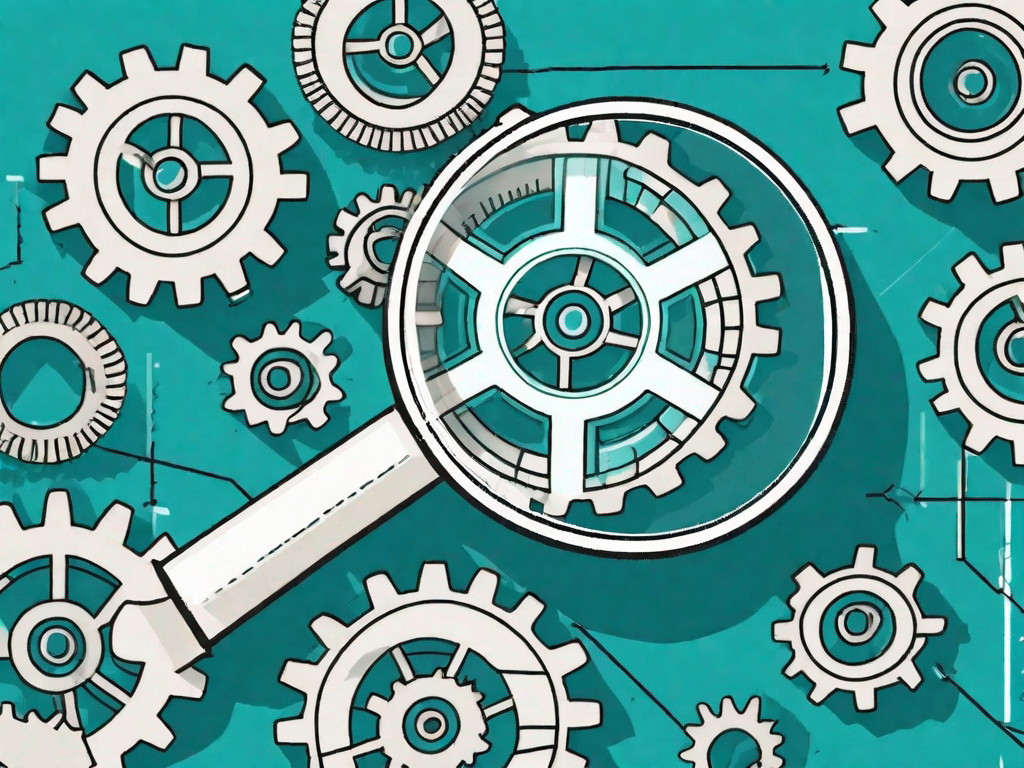 A magnifying glass examining a series of interconnected gears