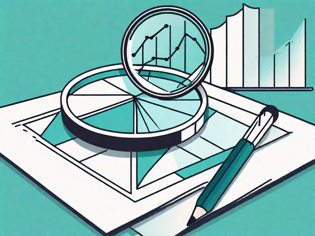 A magnifying glass hovering over a pie chart and a line graph