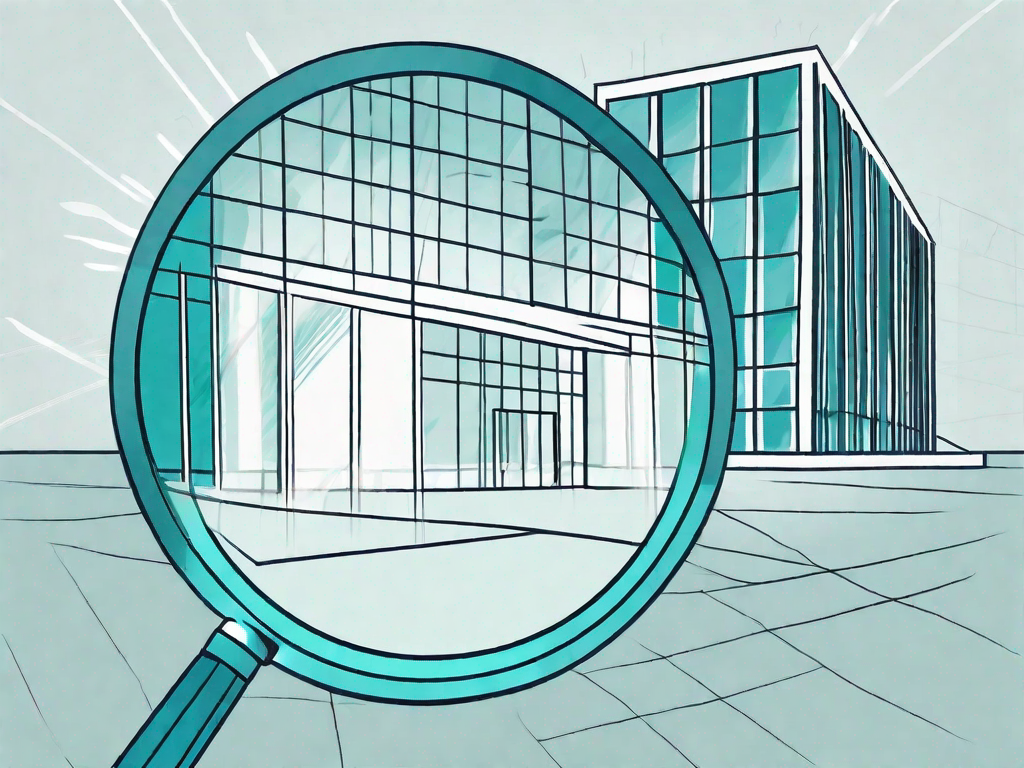 A magnifying glass hovering over a business building