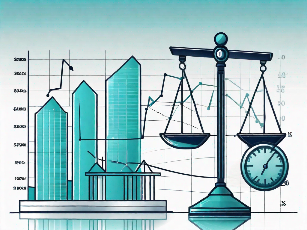 A balanced scale with financial graphs and charts on one side and a building (representing a business) on the other