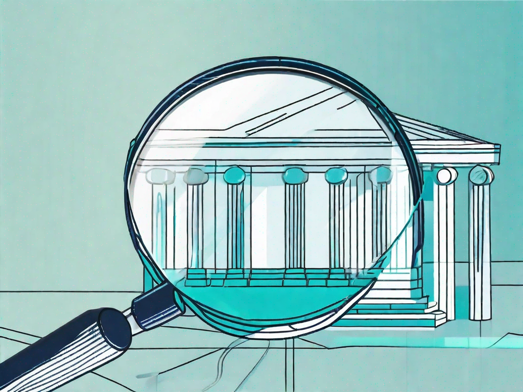 A magnifying glass hovering over a 3d model of a business structure