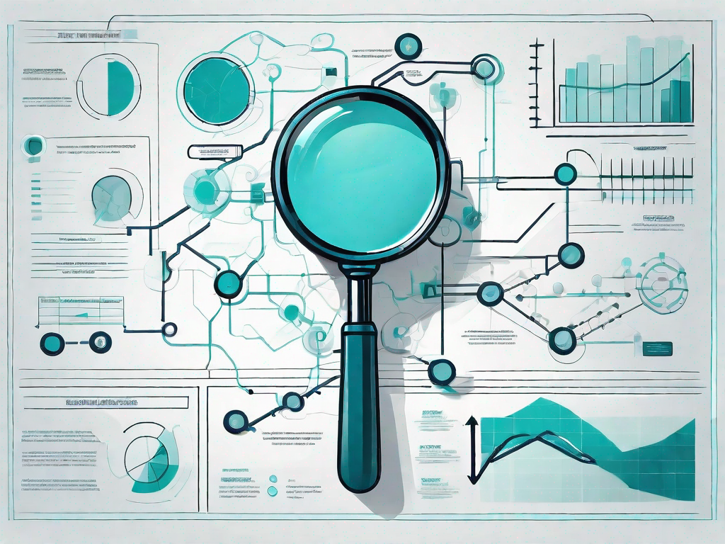 A magnifying glass hovering over a complex business flowchart