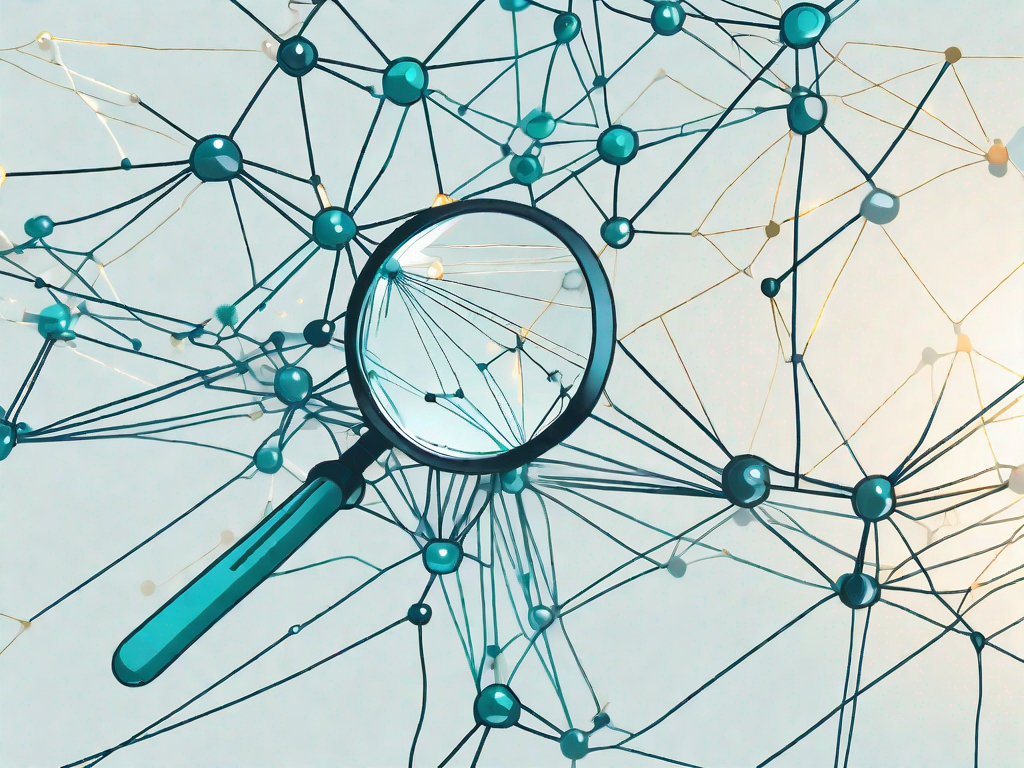 A magnifying glass hovering over a complex network of interconnected nodes