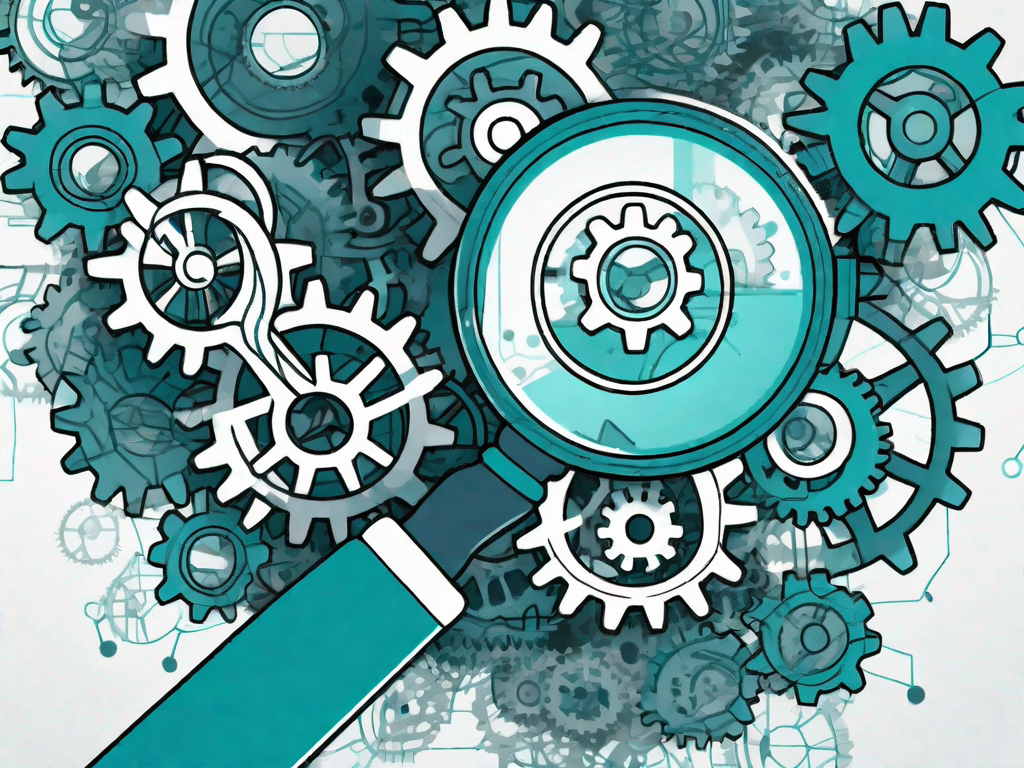 A magnifying glass focusing on a complex network of gears