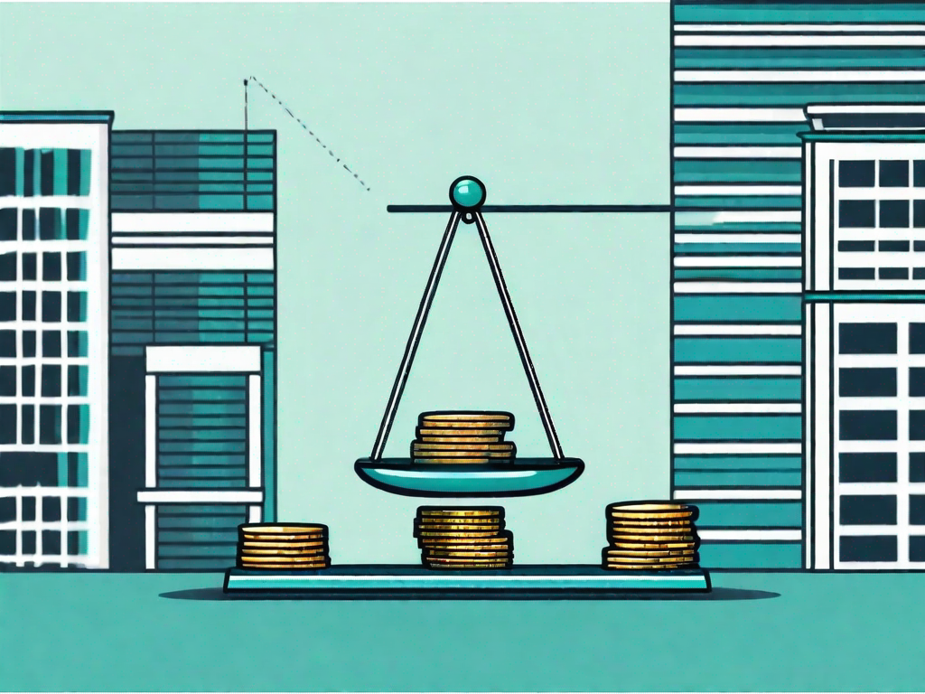 A scale balancing a pile of coins on one side and a business building on the other side